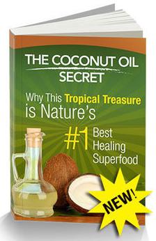 Picture representing the new guide green with brown and yellow and a jar of melted coconut oil and a coconut cut in two mentioning the coconut oil uses benefits secrets tips and tricks for health beauty how to eat and use coconut oil in cooking, coconut oil recipes, healthy oil recipes, and the coconut health benefits